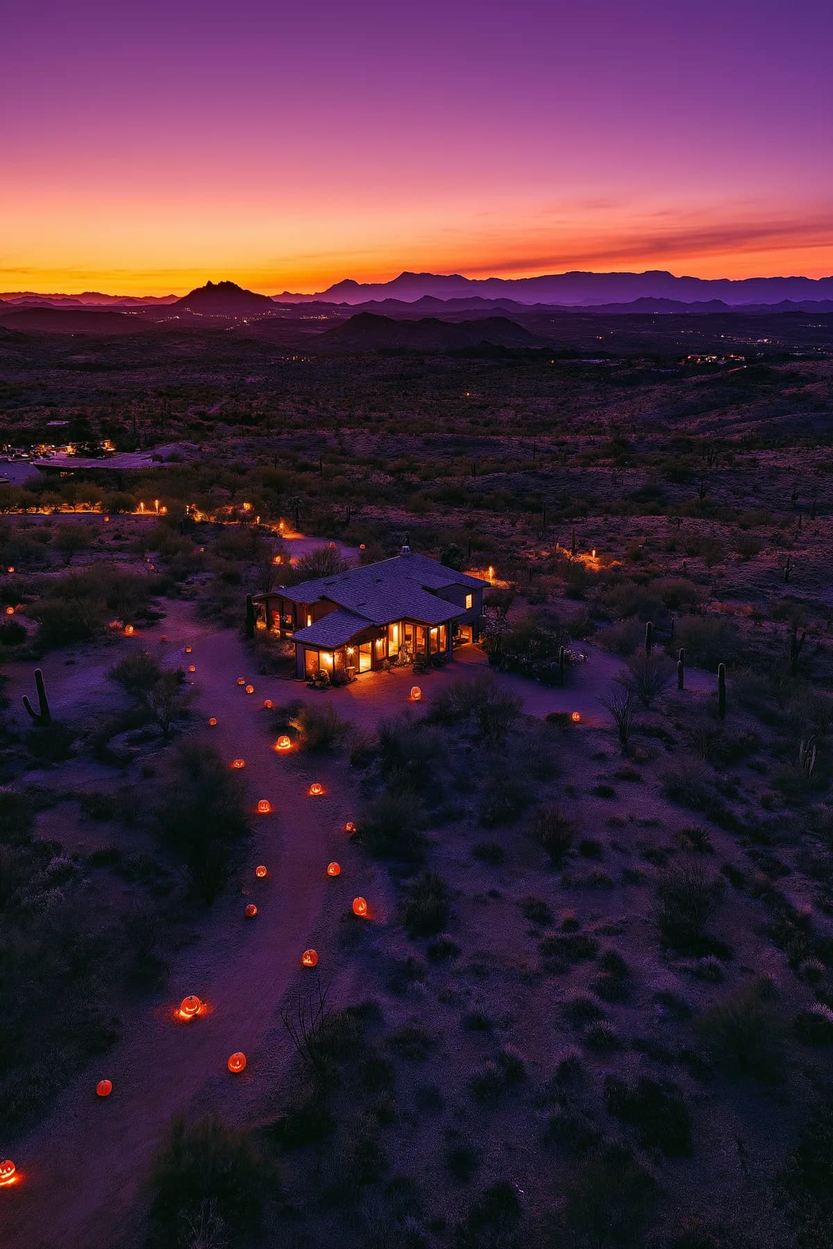 Aerial view of a lit home on open desert land at sunset, with glowing jack-o'-lanterns lining the path