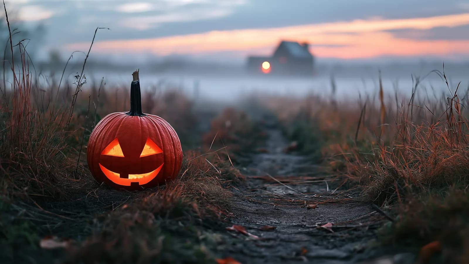 A glowing jack-o'-lantern on a misty autumn path
