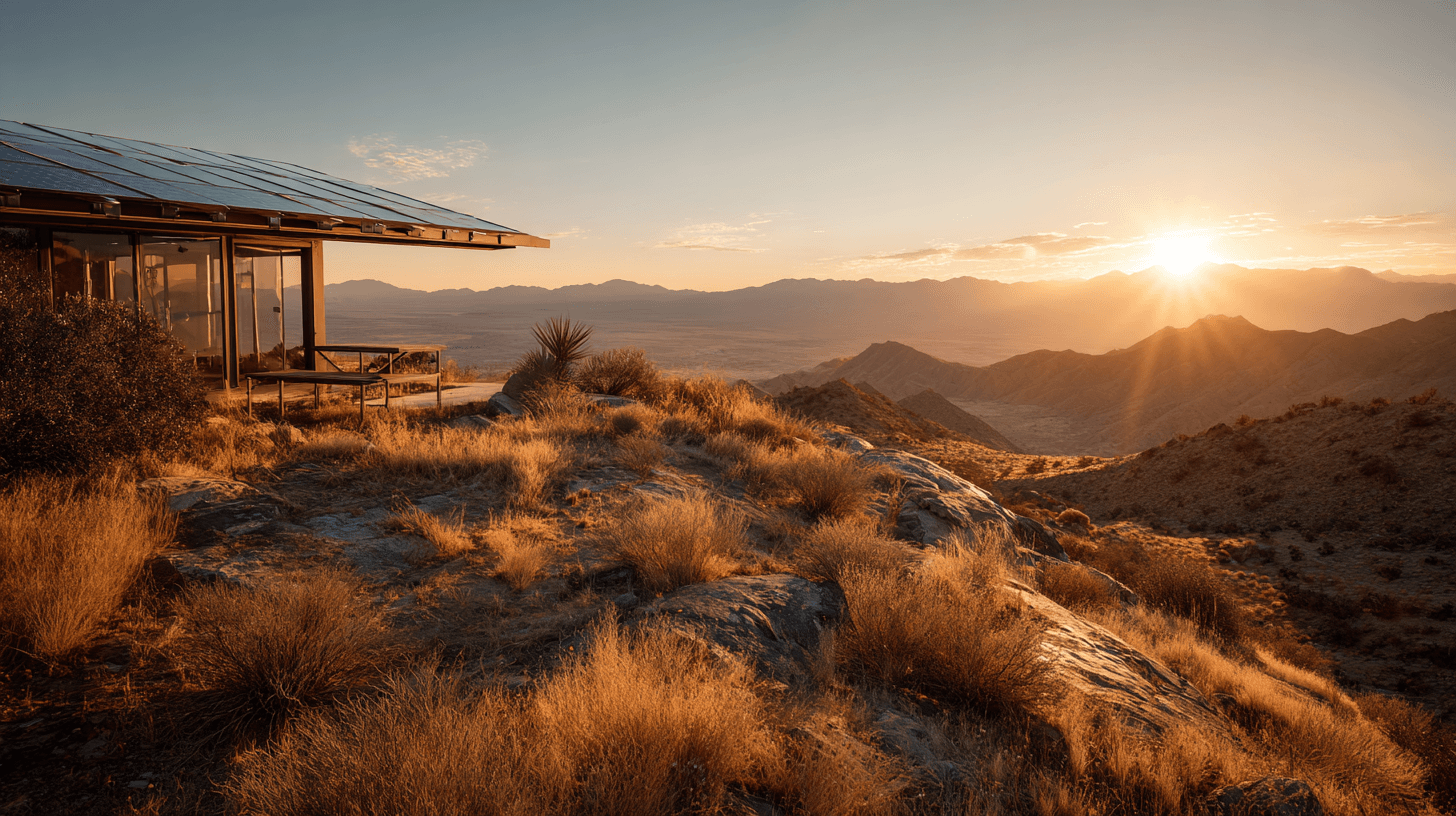 Off-grid cabin with solar panels overlooking rural desert land at sunrise, showing a solar-powered living setup