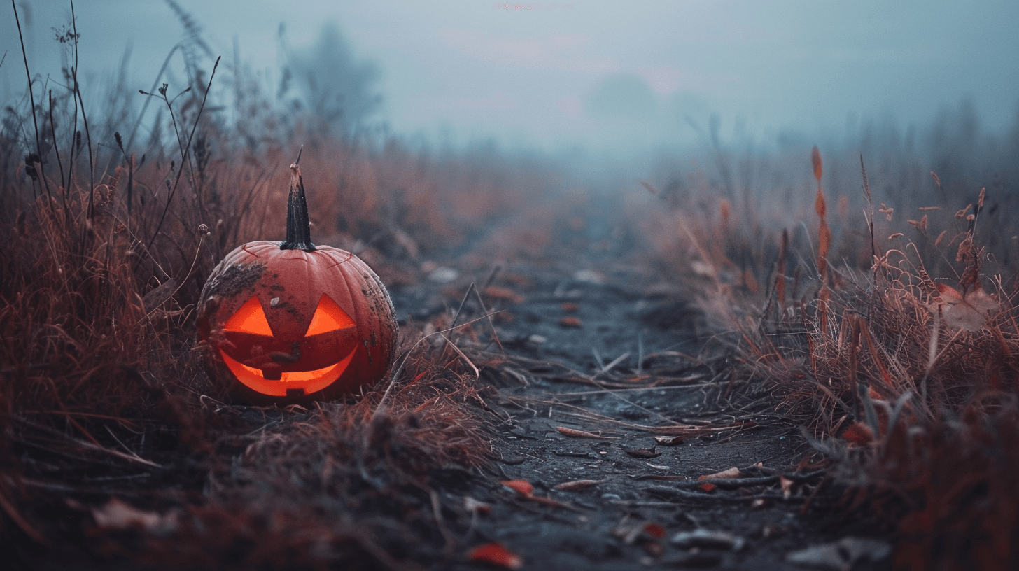 Jack-o’-lantern glowing on a misty dirt path at dusk, symbolizing overcoming land-buying fears during La Vie’s Halloween Special.